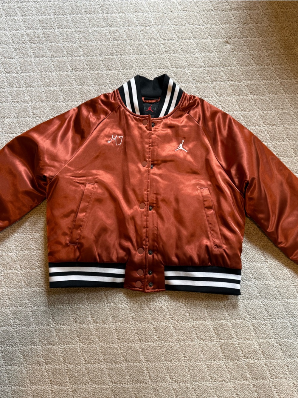 Jordan Satin Bomber Jacket in Rust with Black & White Trim